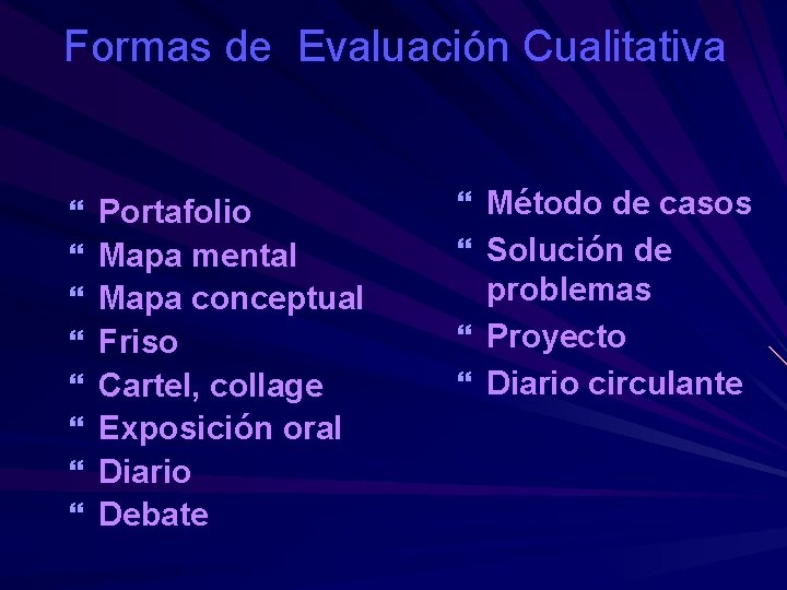 Formas de Evaluación Cualitativa Portafolio Mapa mental Mapa conceptual Friso Cartel, collage Exposición oral