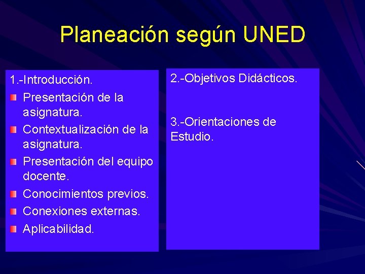 Planeación según UNED 1. -Introducción. Presentación de la asignatura. Contextualización de la asignatura. Presentación