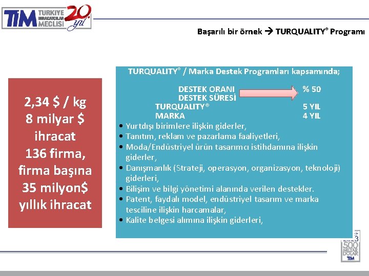 Başarılı bir örnek TURQUALITY® Programı TURQUALITY® / Marka Destek Programları kapsamında; 2, 34 $