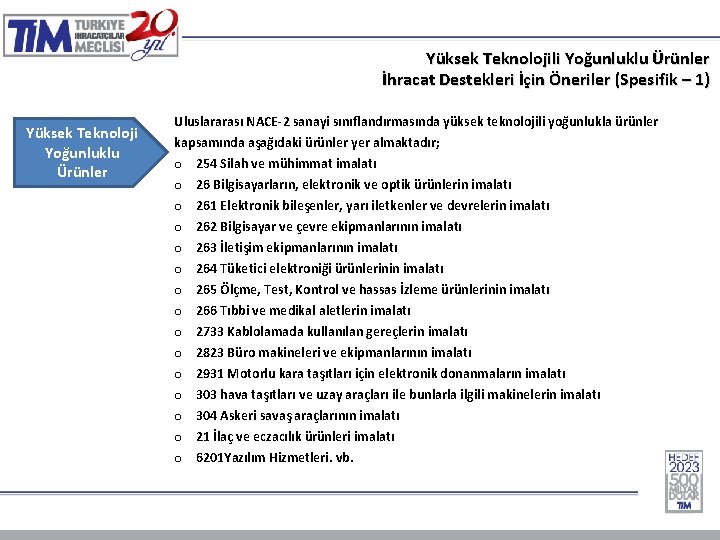 Yüksek Teknolojili Yoğunluklu Ürünler İhracat Destekleri İçin Öneriler (Spesifik – 1) Yüksek Teknoloji Yoğunluklu