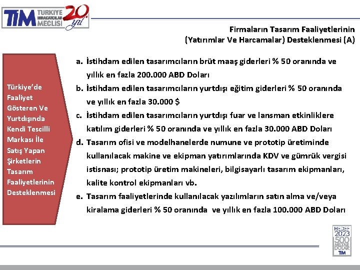 Firmaların Tasarım Faaliyetlerinin (Yatırımlar Ve Harcamalar) Desteklenmesi (A) Türkiye’de Faaliyet Gösteren Ve Yurtdışında Kendi