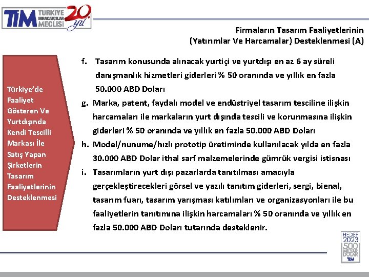 Firmaların Tasarım Faaliyetlerinin (Yatırımlar Ve Harcamalar) Desteklenmesi (A) Türkiye’de Faaliyet Gösteren Ve Yurtdışında Kendi