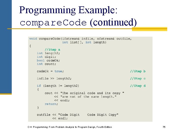 Programming Example: compare. Code (continued) C++ Programming: From Problem Analysis to Program Design, Fourth