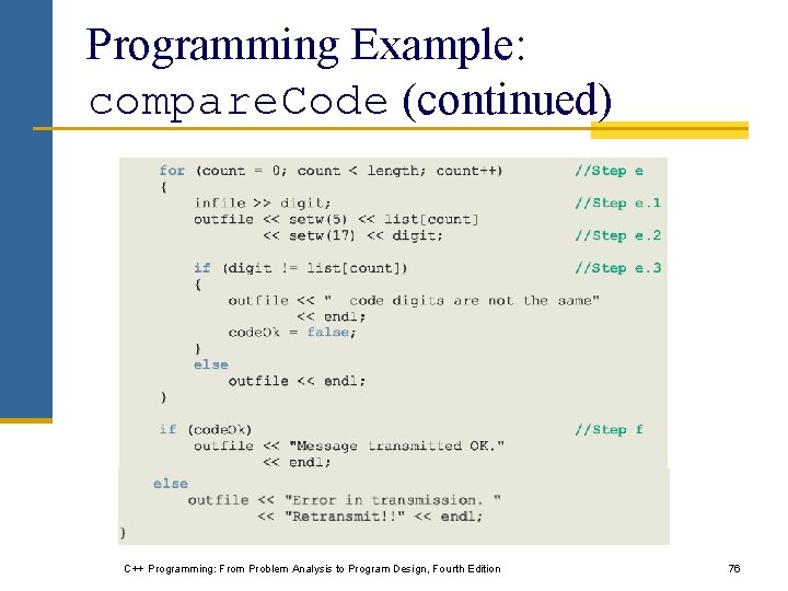 Programming Example: compare. Code (continued) C++ Programming: From Problem Analysis to Program Design, Fourth