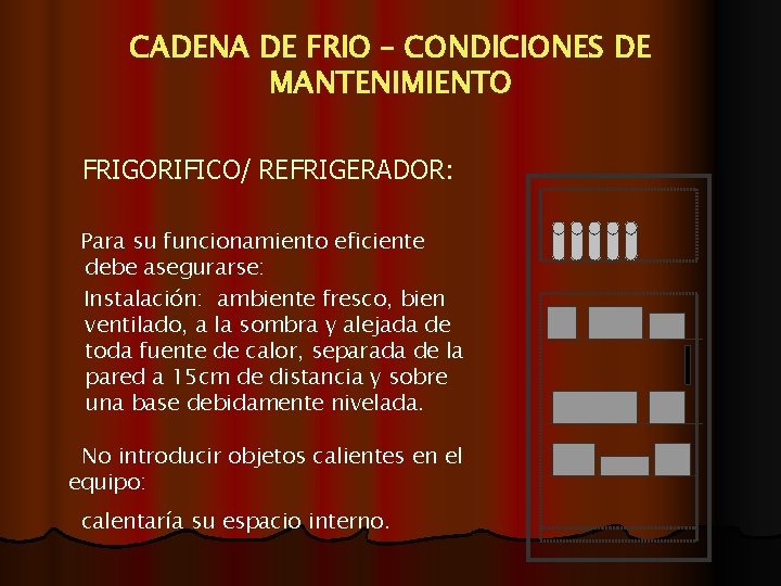 CADENA DE FRIO – CONDICIONES DE MANTENIMIENTO FRIGORIFICO/ REFRIGERADOR: Para su funcionamiento eficiente debe