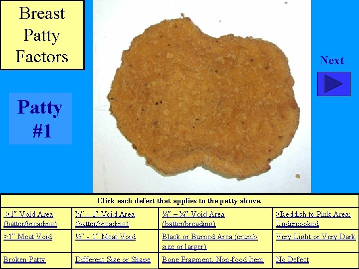 Breast Patty Factors Next Patty #1 Click each defect that applies to the patty