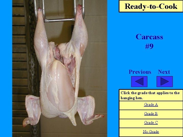 Ready-to-Cook Carcass #9 Previous Next Click the grade that applies to the hanging hen.