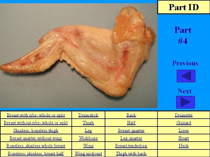 Part ID Part #4 Previous Next Breast with ribs- whole or split Drumstick Back