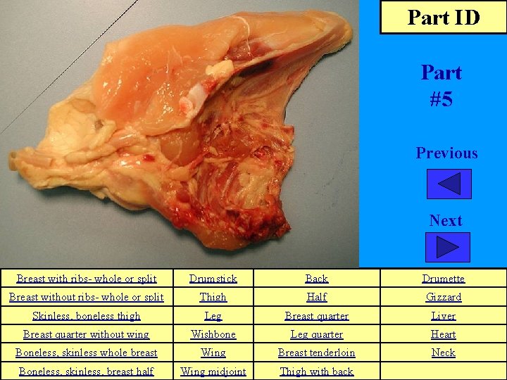 Part ID Part #5 Previous Next Breast with ribs- whole or split Drumstick Back