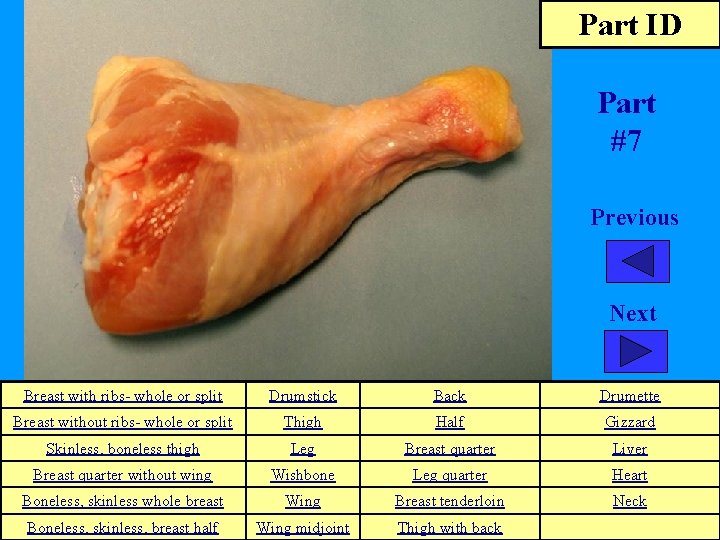 Part ID Part #7 Previous Next Breast with ribs- whole or split Drumstick Back