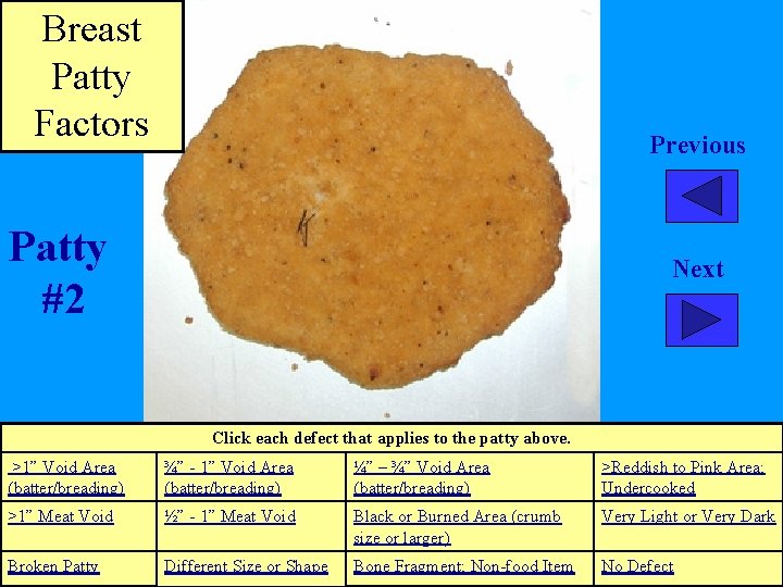 Breast Patty Factors Previous Patty #2 Next Click each defect that applies to the