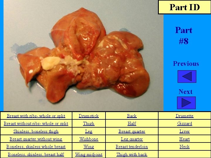 Part ID Part #8 Previous Next Breast with ribs- whole or split Drumstick Back