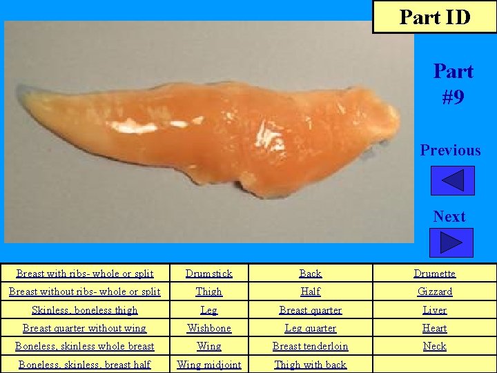 Part ID Part #9 Previous Next Breast with ribs- whole or split Drumstick Back