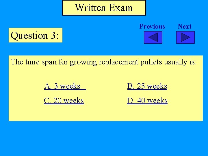 Written Exam Question 3: Previous Next The time span for growing replacement pullets usually