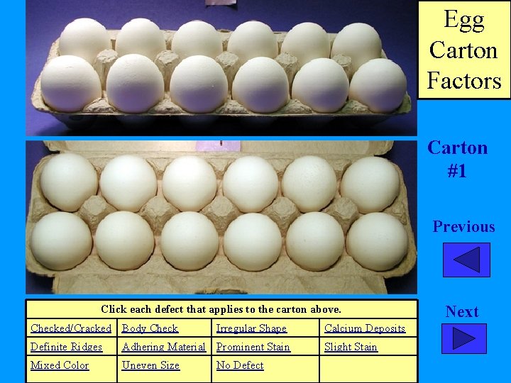Egg Carton Factors Carton #1 Previous Click each defect that applies to the carton