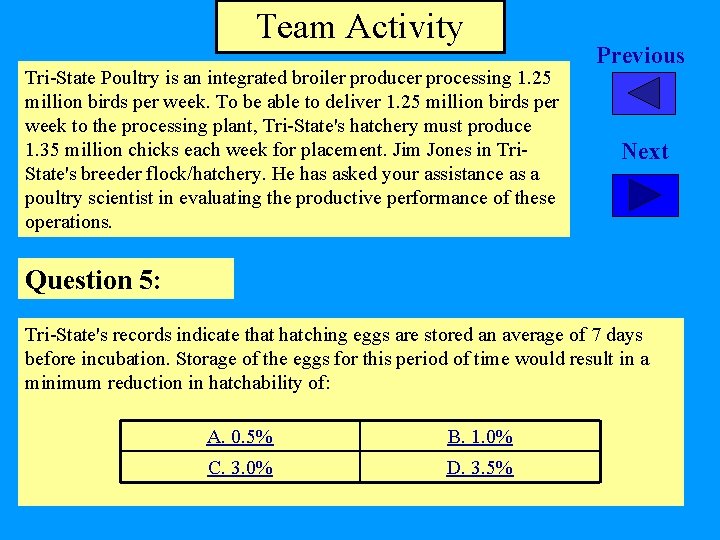 Team Activity Tri-State Poultry is an integrated broiler producer processing 1. 25 million birds