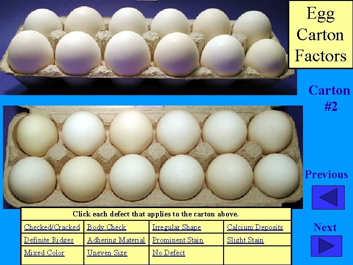 Egg Carton Factors Carton #2 Previous Click each defect that applies to the carton