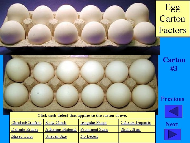 Egg Carton Factors Carton #3 Previous Click each defect that applies to the carton