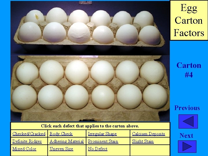 Egg Carton Factors Carton #4 Previous Click each defect that applies to the carton