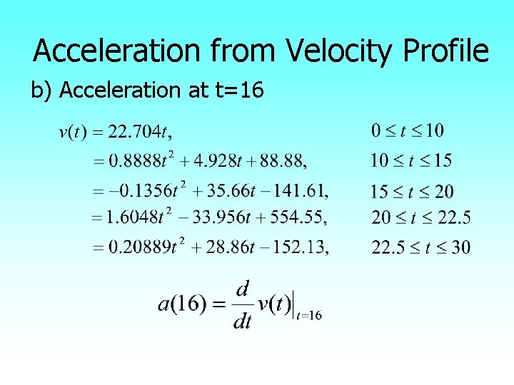 Acceleration from Velocity Profile b) Acceleration at t=16 