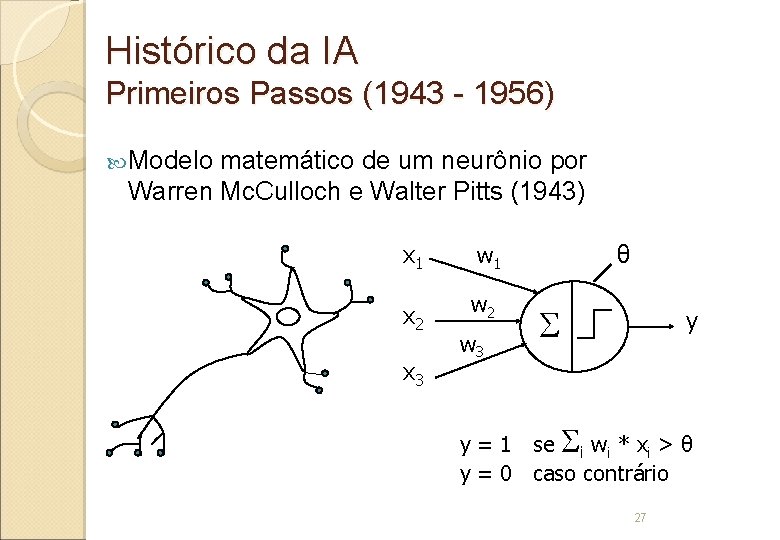 Histórico da IA Primeiros Passos (1943 - 1956) Modelo matemático de um neurônio por