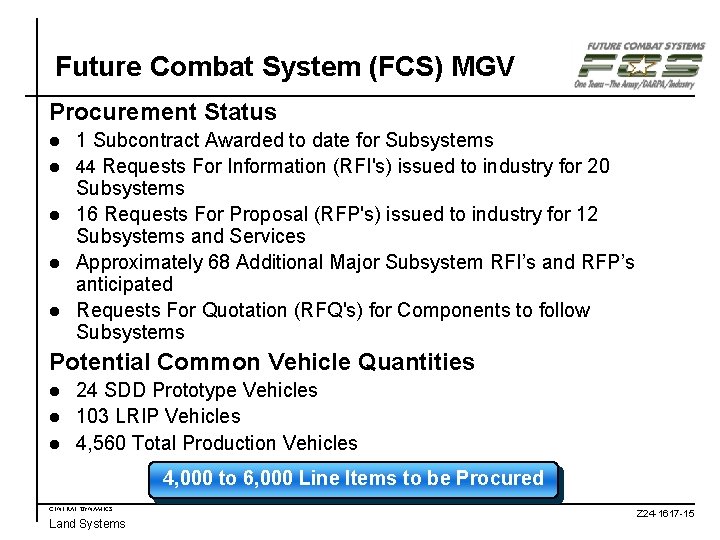 Future Combat System (FCS) MGV Procurement Status 1 Subcontract Awarded to date for Subsystems Future Combat System (FCS) MGV Procurement Status 1 Subcontract Awarded to date for Subsystems