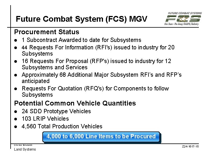 Future Combat System (FCS) MGV Procurement Status 1 Subcontract Awarded to date for Subsystems