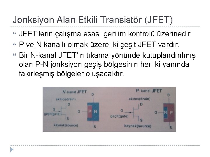 Jonksiyon Alan Etkili Transistör (JFET) JFET’lerin çalışma esası gerilim kontrolü üzerinedir. P ve N