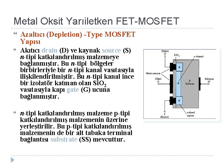 Metal Oksit Yarıiletken FET-MOSFET Azaltıcı (Depletion) -Type MOSFET Yapısı Akıtıcı drain (D) ve kaynak