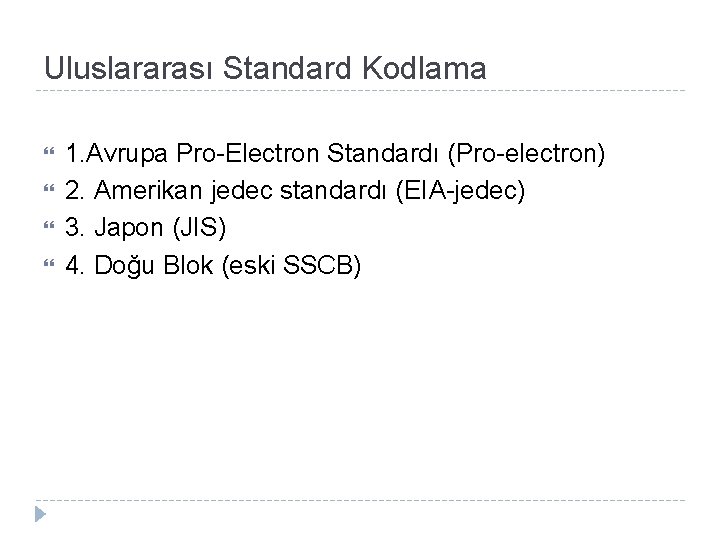 Uluslararası Standard Kodlama 1. Avrupa Pro-Electron Standardı (Pro-electron) 2. Amerikan jedec standardı (EIA-jedec) 3.