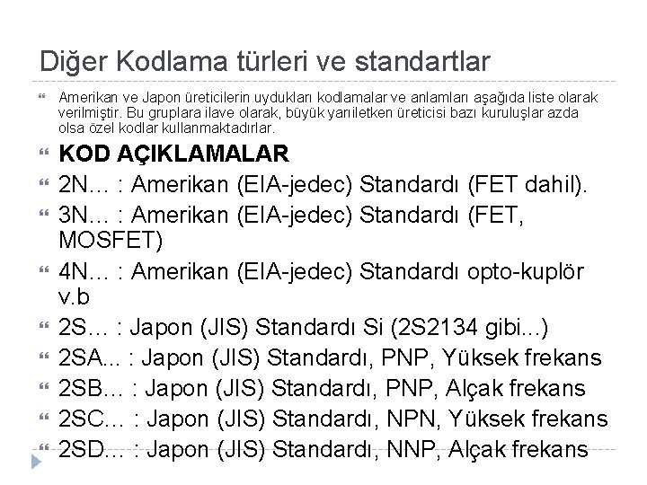 Diğer Kodlama türleri ve standartlar Amerikan ve Japon üreticilerin uydukları kodlamalar ve anlamları aşağıda