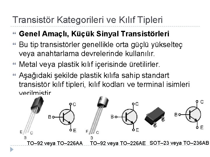 Transistör Kategorileri ve Kılıf Tipleri Genel Amaçlı, Küçük Sinyal Transistörleri Bu tip transistörler genellikle