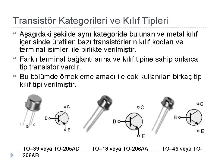 Transistör Kategorileri ve Kılıf Tipleri Aşağıdaki şekilde aynı kategoride bulunan ve metal kılıf içerisinde
