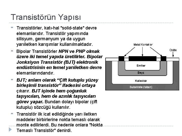 Transistörün Yapısı Transistörler, katı-hal "solid-state" devre elemanlarıdır. Transistör yapımında silisyum, germanyum ya da uygun