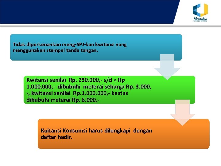 Tidak diperkenankan meng-SPJ-kan kwitansi yang menggunakan stempel tanda tangan. Kwitansi senilai Rp. 250. 000,