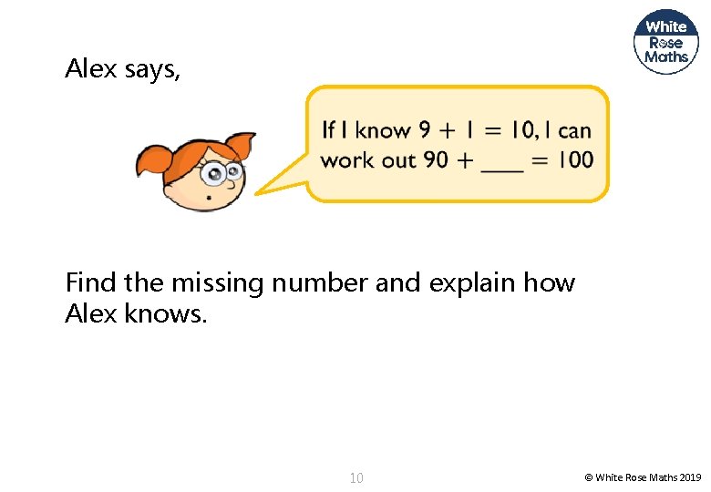 Alex says, Find the missing number and explain how Alex knows. 10 © White