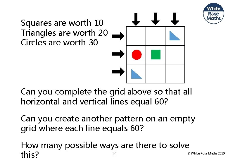 Squares are worth 10 Triangles are worth 20 Circles are worth 30 Can you