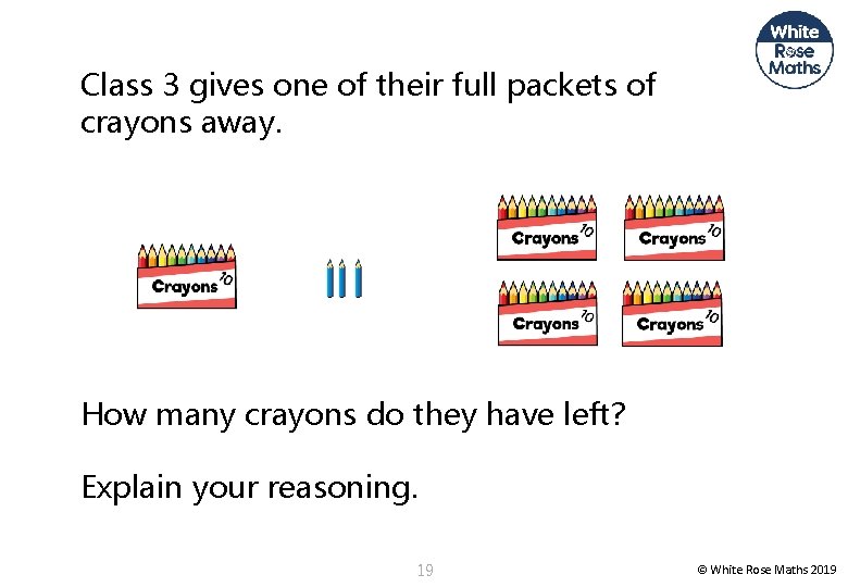 Class 3 gives one of their full packets of crayons away. How many crayons