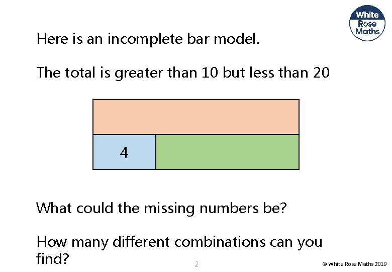 Here is an incomplete bar model. The total is greater than 10 but less