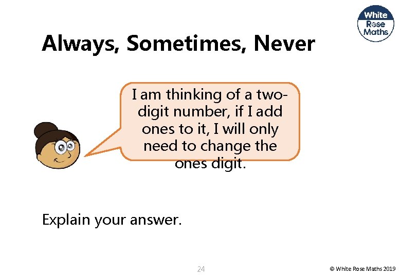 Always, Sometimes, Never I am thinking of a twodigit number, if I add ones