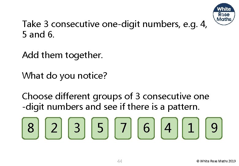 Take 3 consecutive one-digit numbers, e. g. 4, 5 and 6. Add them together.