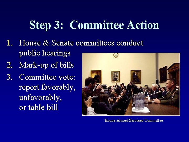 Step 3: Committee Action 1. House & Senate committees conduct public hearings 2. Mark-up