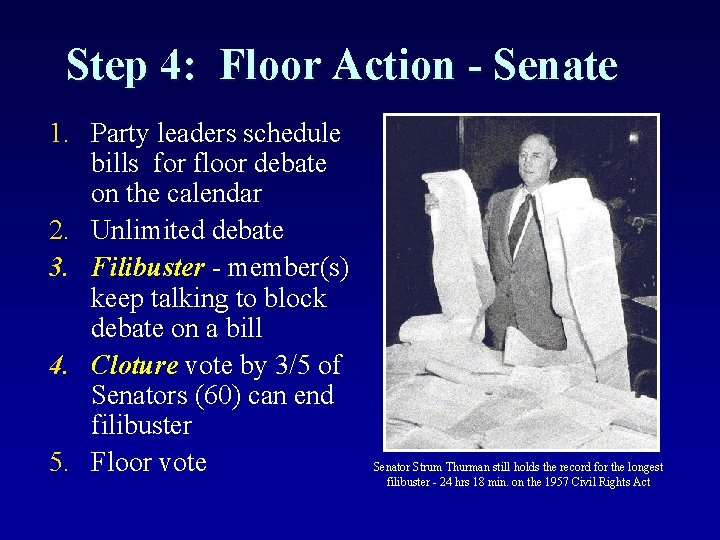 Step 4: Floor Action - Senate 1. Party leaders schedule bills for floor debate