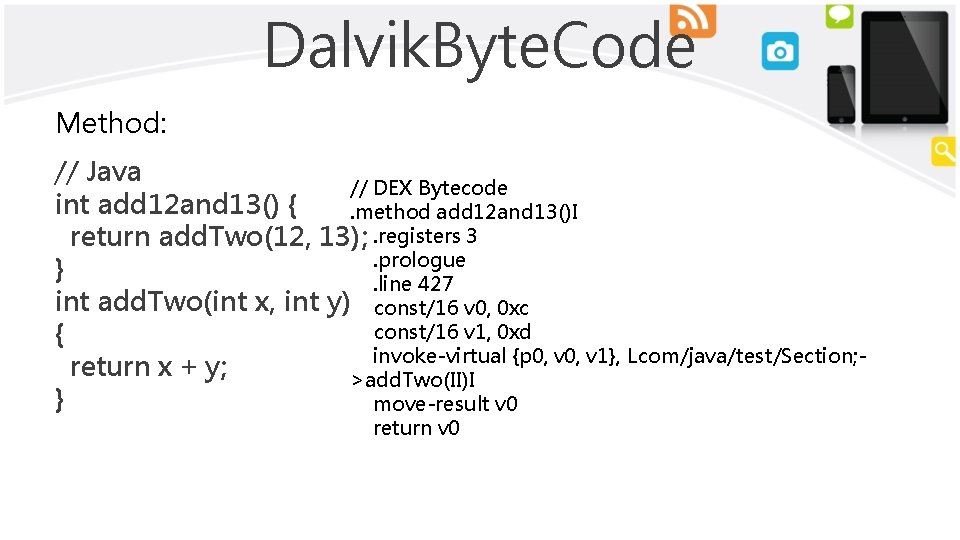 Dalvik. Byte. Code Method: // Java // DEX Bytecode int add 12 and 13()