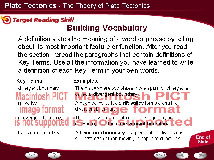 Plate Tectonics - Theory of Plate Tectonics Building Vocabulary A definition states the meaning