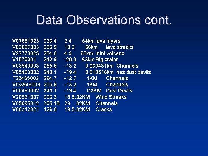 Data Observations cont. V 07881023 V 03687003 V 27773025 V 1570001 V 03949003 V