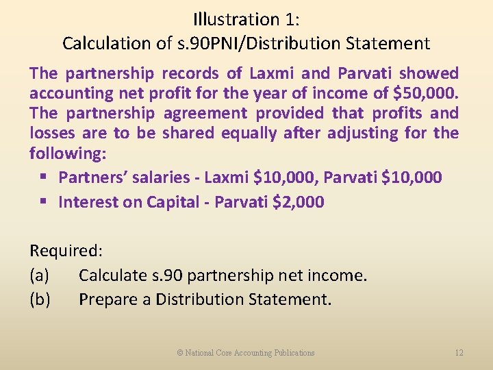 Illustration 1: Calculation of s. 90 PNI/Distribution Statement The partnership records of Laxmi and
