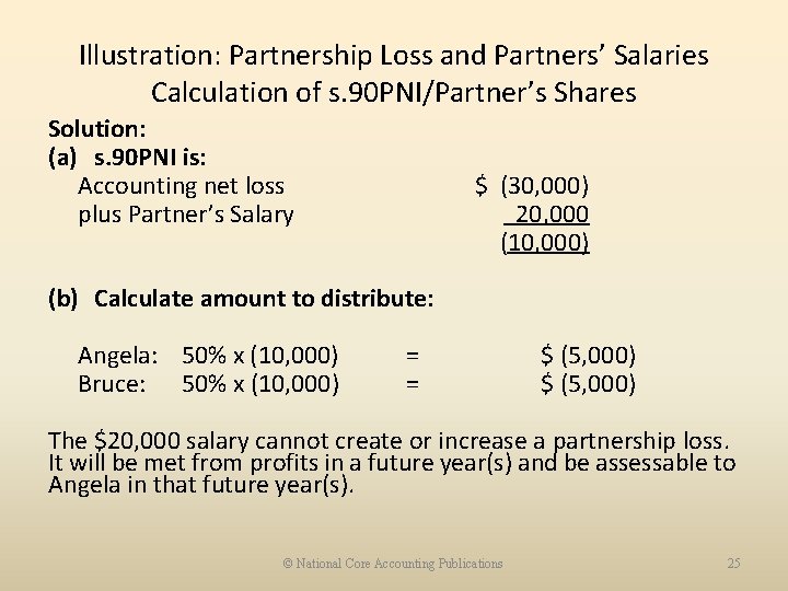 Illustration: Partnership Loss and Partners’ Salaries Calculation of s. 90 PNI/Partner’s Shares Solution: (a)