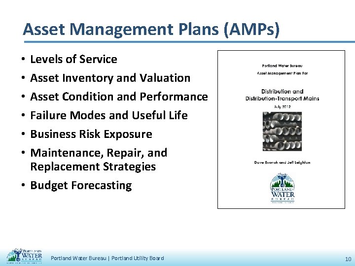 Asset Management Plans (AMPs) Levels of Service Asset Inventory and Valuation Asset Condition and