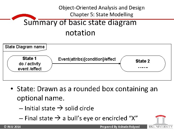 Object-Oriented Analysis and Design Chapter 5: State Modelling Summary of basic state diagram notation